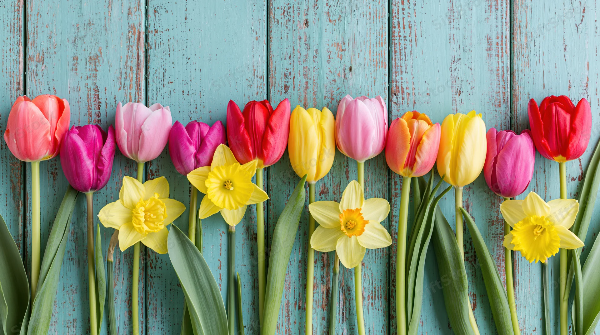 Row of colorful tulips and daffodils arranged on a weathered blue wooden surface