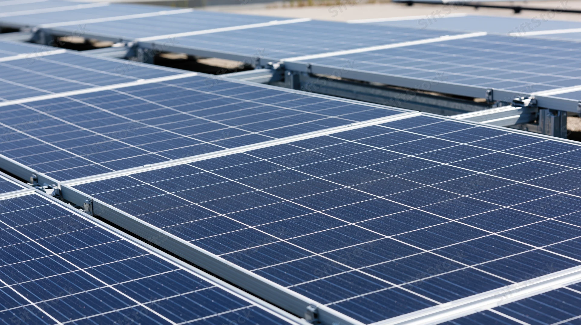 Rows of solar photovoltaic panels installed on a flat roof under clear sky