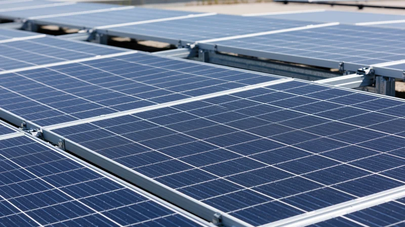 Rows of solar photovoltaic panels installed on a flat roof under clear sky