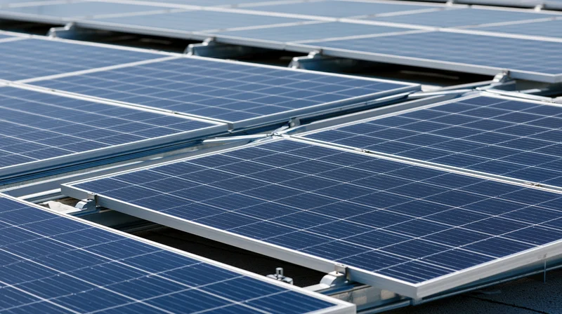 Rows of solar photovoltaic panels installed on a flat rooftop under sunlight