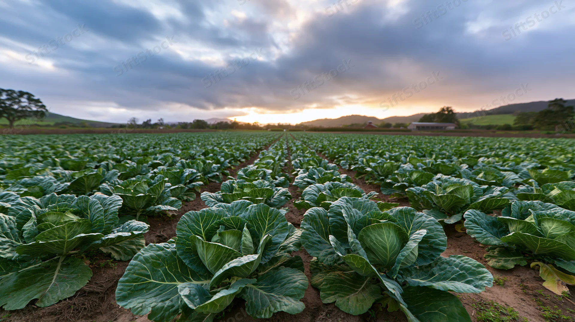 Rows of cabbage plants growing in a field under a cloudy sky at sunset