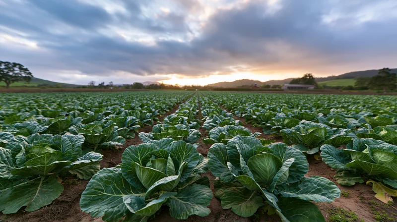 Rows of cabbage plants growing in a field under a cloudy sky at sunset