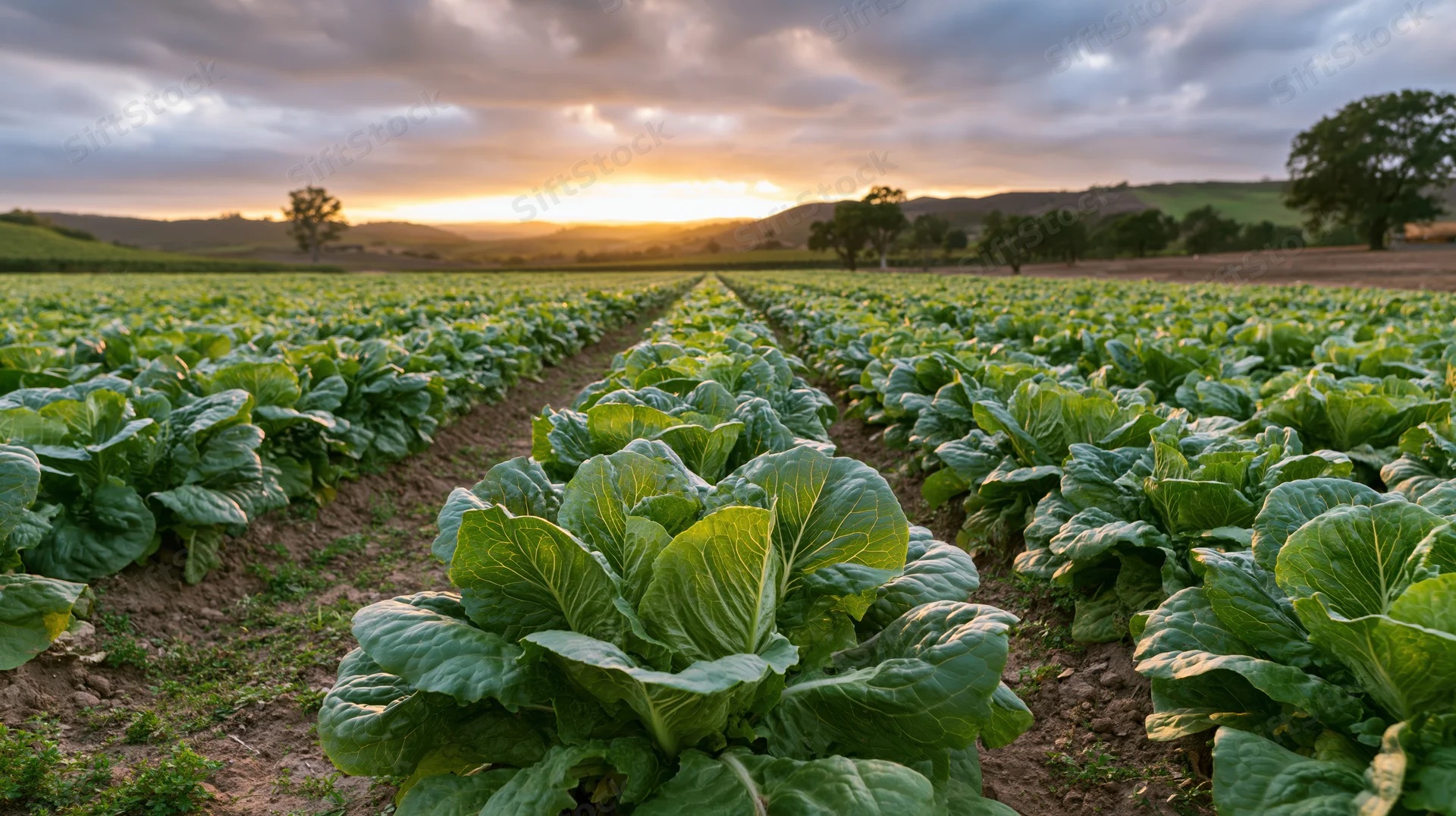 Rows of green cabbage plants growing in a field at sunset