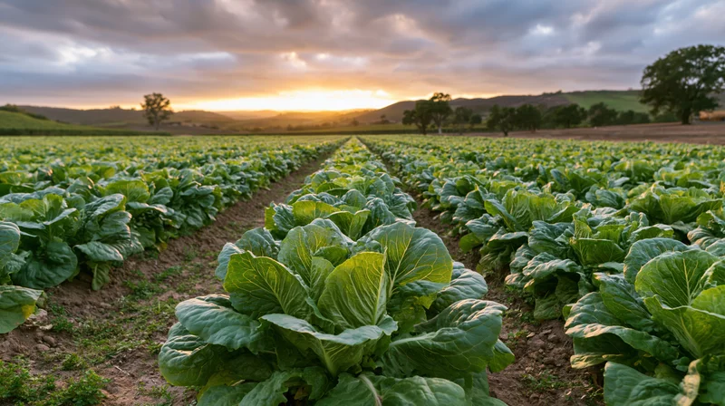 Rows of green cabbage plants growing in a field at sunset