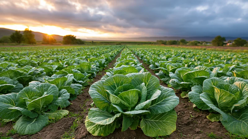 Rows of cabbage plants growing in a field at sunset