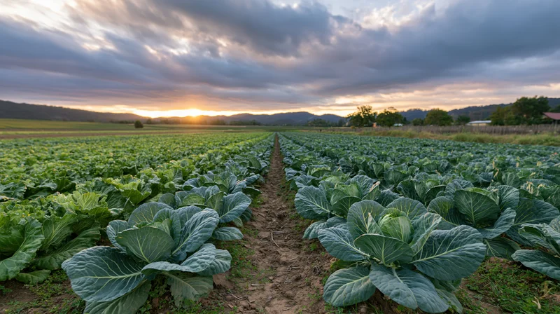 Rows of cabbage plants growing in a field at sunset with mountains in the distance