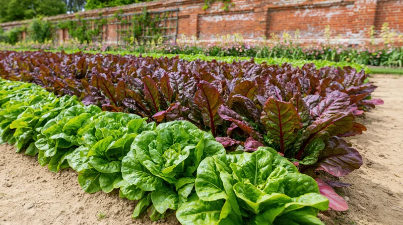 Rows of green lettuce and red-leafed chard growing in a formal garden bed beside a brick wall