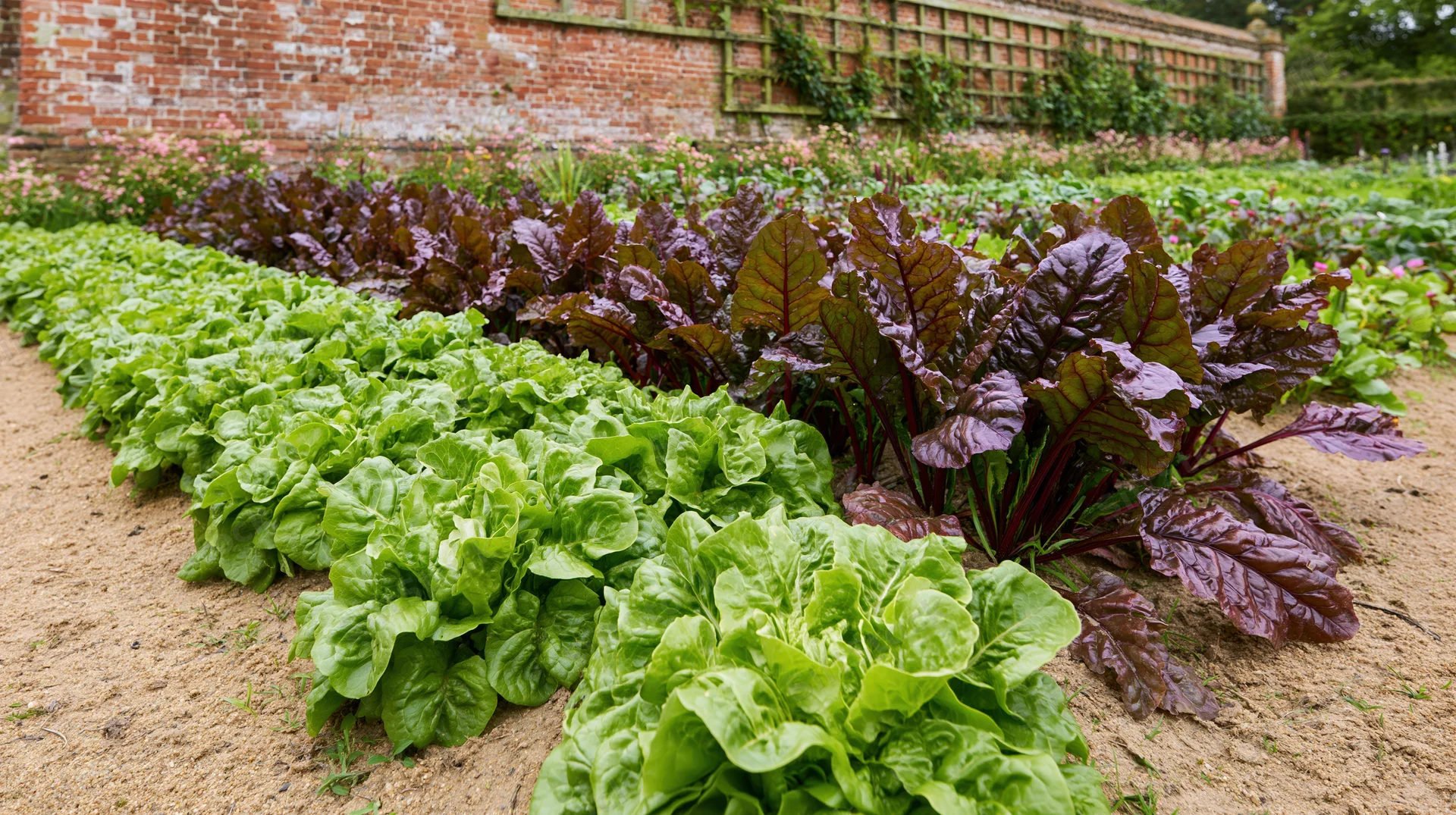 Rows of green lettuce and red-leafed chard growing in a formal kitchen garden with brick wall and trellis in background