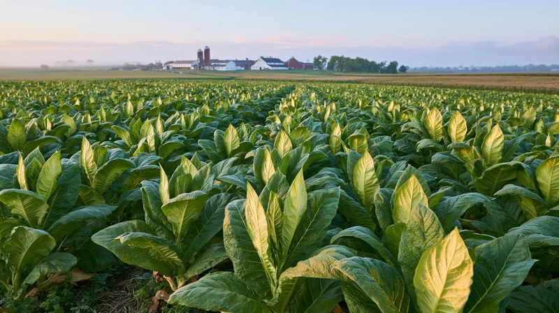 Rows of tobacco plants growing in a field toward a distant farmstead with barn and silo at dawn