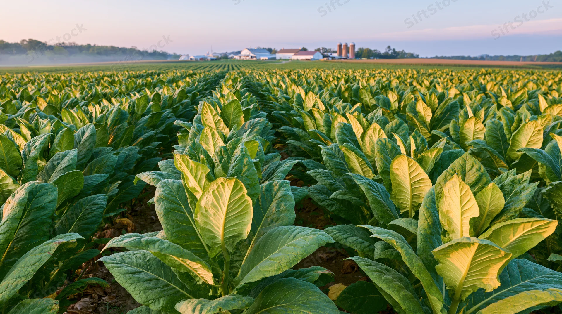 Rows of tobacco plants growing in a field with farm buildings in the distance at sunrise