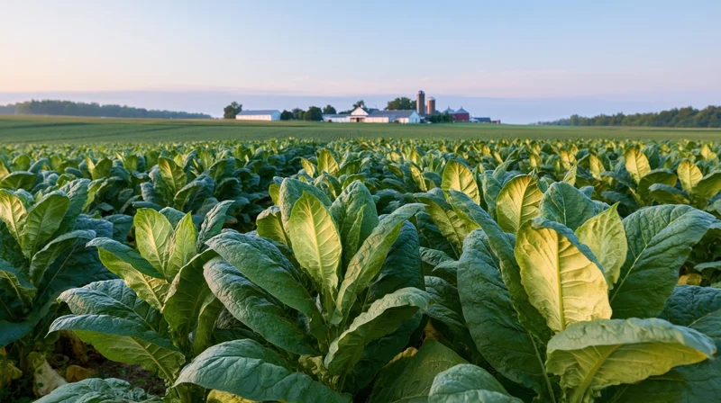 Rows of tobacco plants growing in a field with a farm and silos in the distance
