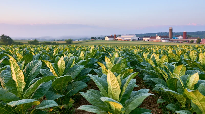 Rows of tobacco plants growing in a field with a farmstead in the distance at dusk