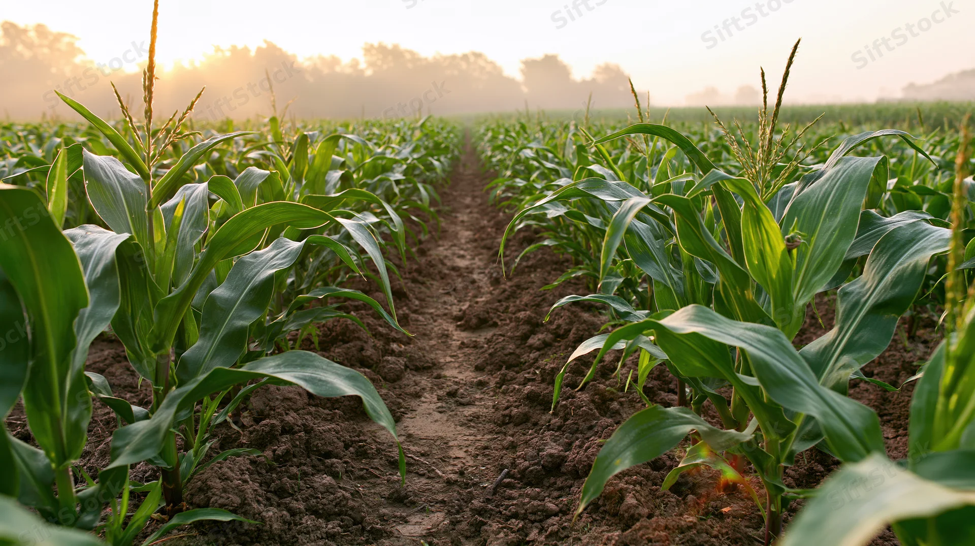 Rows of young corn plants growing in a farm field with a dirt path between them at sunrise