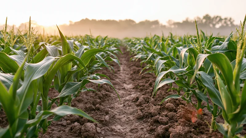 Rows of young corn plants growing in a farm field with a dirt path between them at sunrise