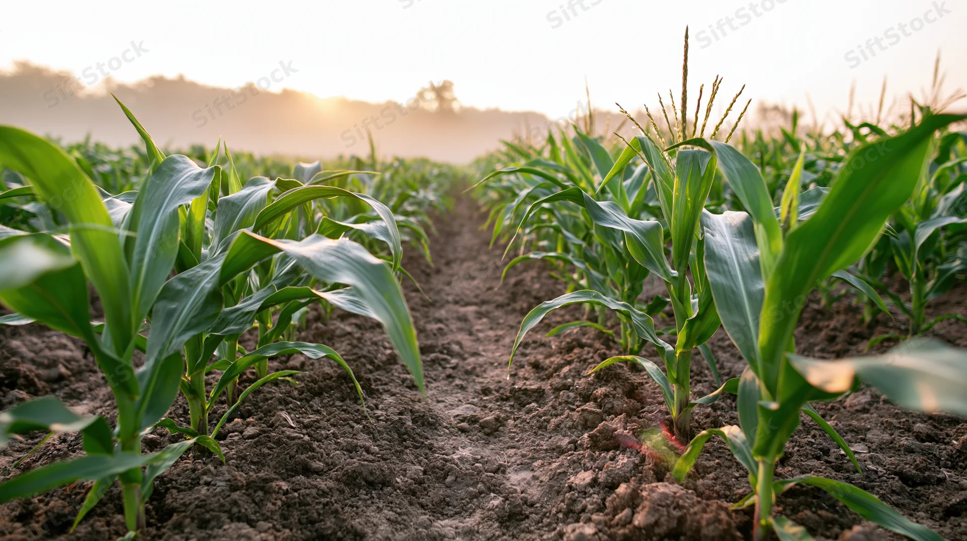 Young corn plants growing in rows along a dirt path in a farm field at sunrise