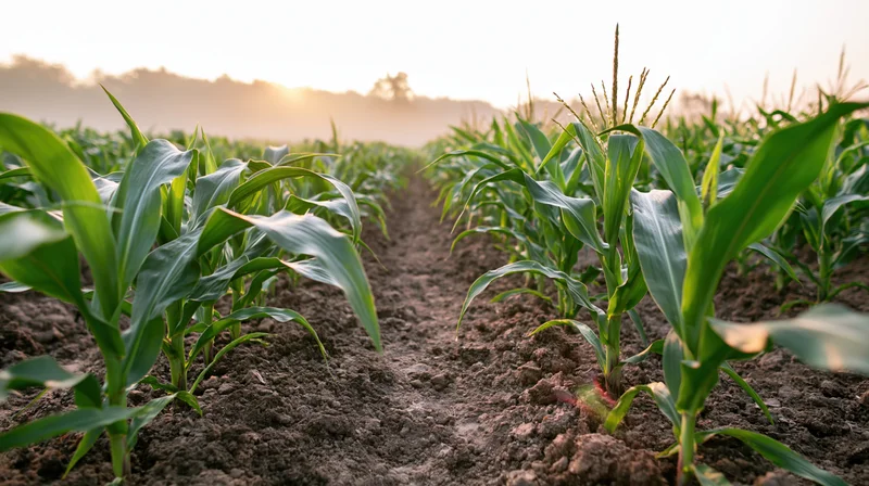 Young corn plants growing in rows along a dirt path in a farm field at sunrise