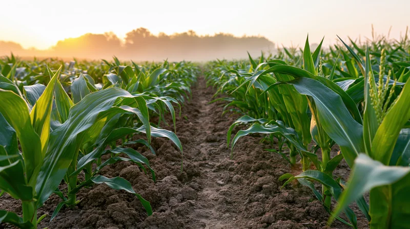 Rows of young corn plants growing in a farm field with a dirt path between them at sunrise