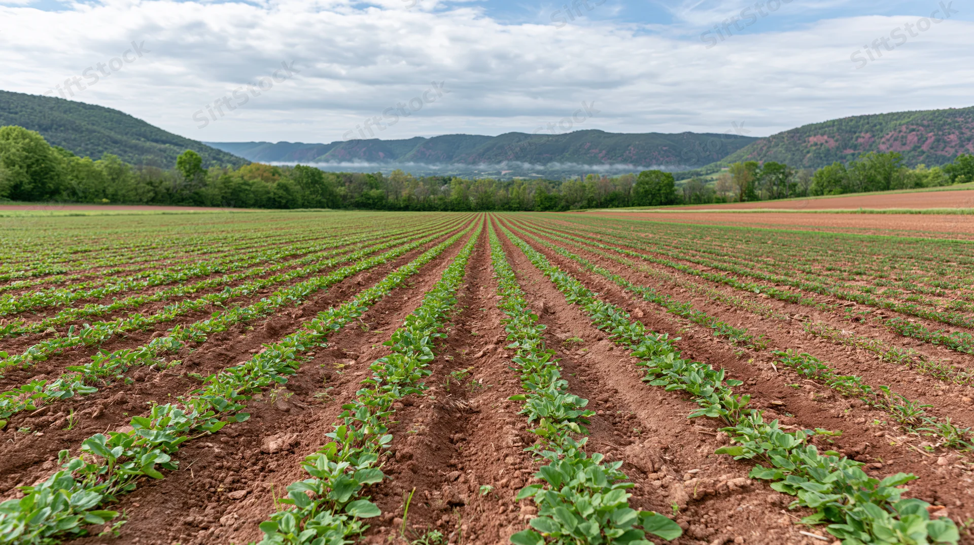 Rows of young green crops growing in neat lines across a tilled field with distant tree-covered hills under a cloudy sky