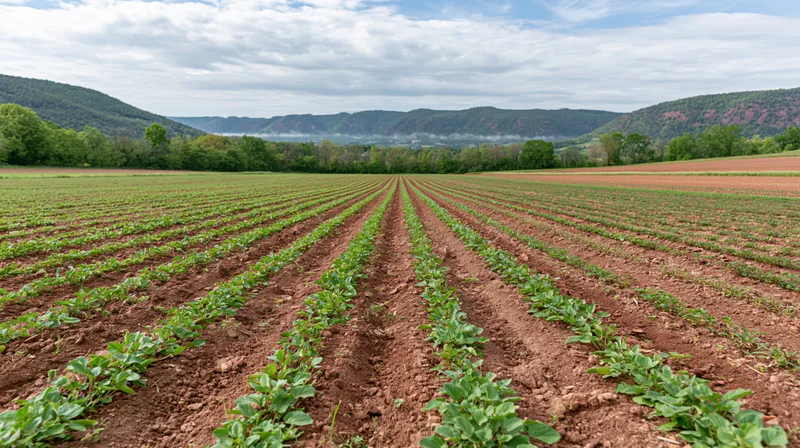 Rows of young green crops growing in neat lines across a tilled field with distant tree-covered hills under a cloudy sky