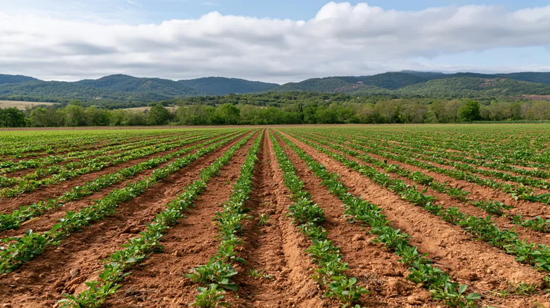 Rows of young strawberry plants growing in neat lines across a vast field with distant tree-covered hills under a partly cloudy sky