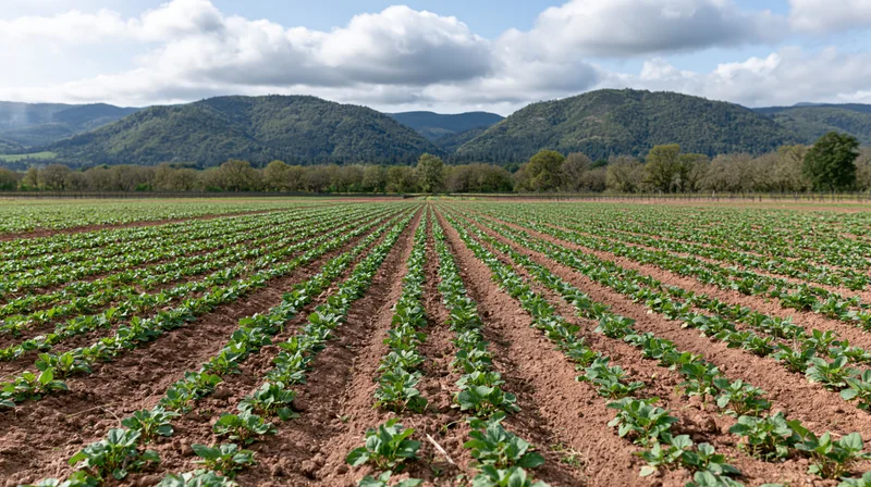 Rows of young green crops growing in neat lines across a field with hills and trees in the background