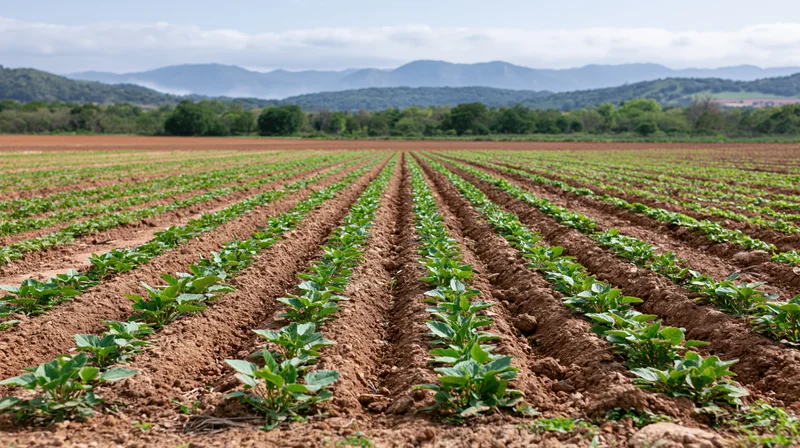 Rows of young green crops growing in neat lines across a vast field with distant mountains and trees under a cloudy sky