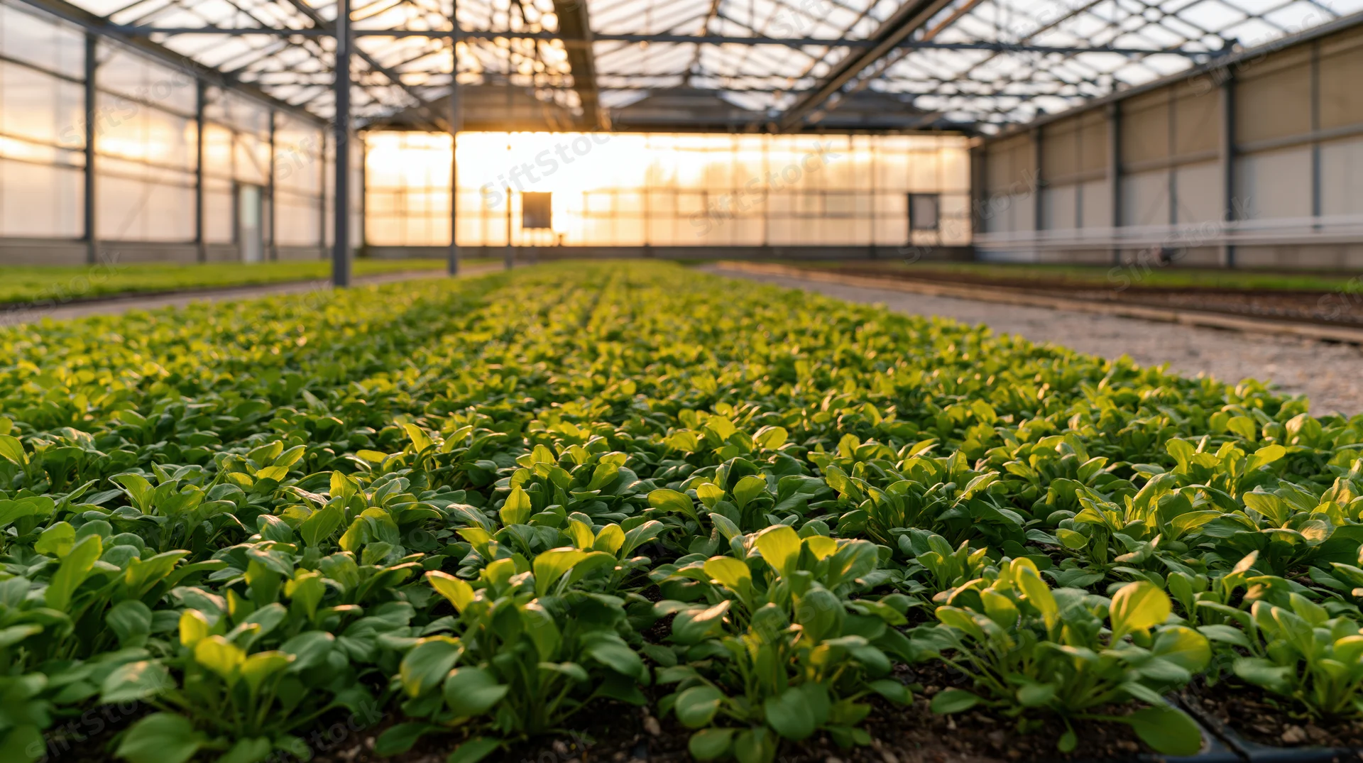 Rows of young leafy green seedlings growing in a large greenhouse at dawn
