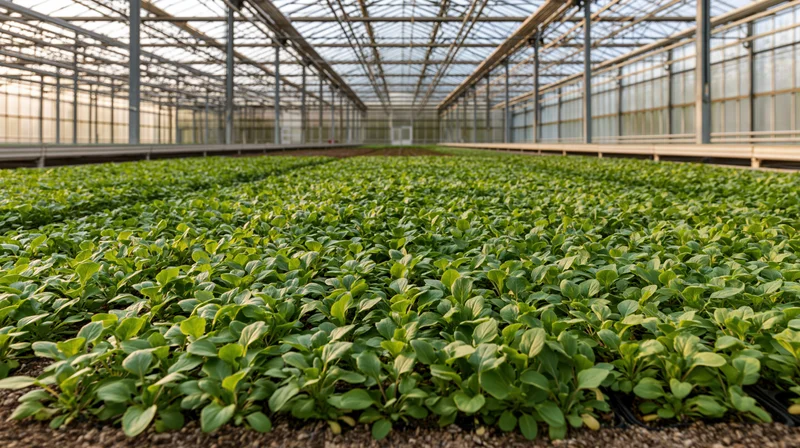 Rows of young leafy green seedlings growing in a large greenhouse with metal frame and glass roof