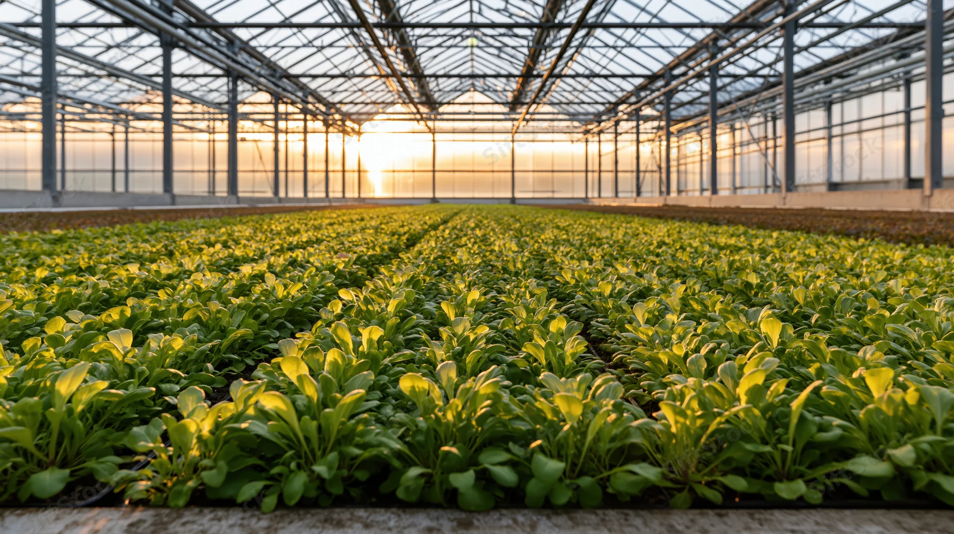 Rows of young leafy green seedlings growing in a large greenhouse at dawn