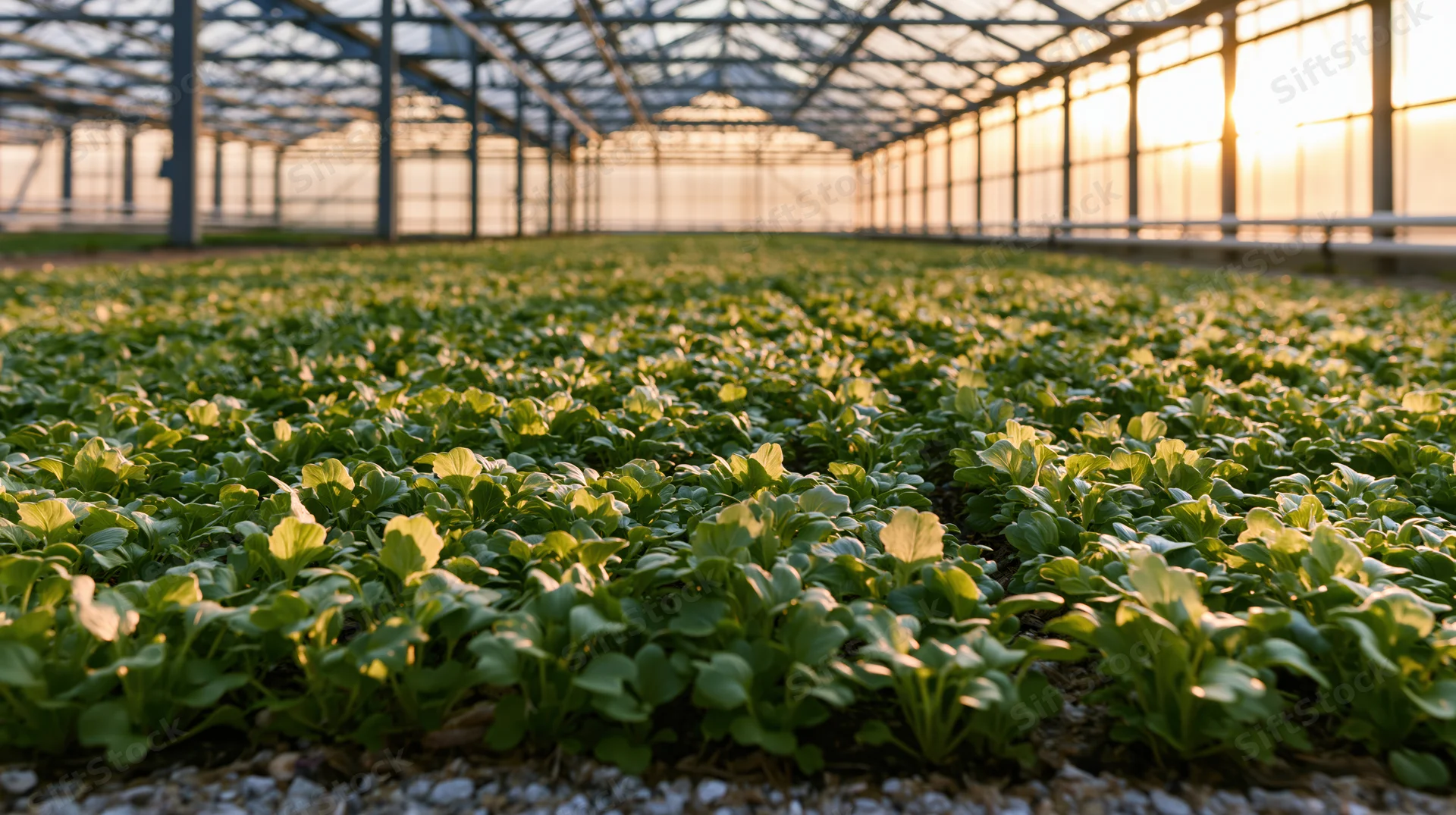 Rows of young leafy green seedlings growing in a large greenhouse at dawn