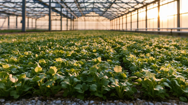 Rows of young leafy green seedlings growing in a large greenhouse at dawn