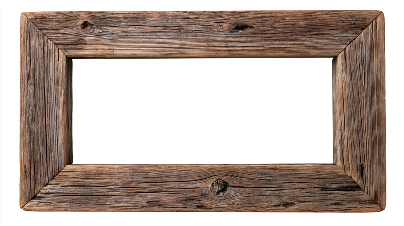 Rustic reclaimed wood picture frame with hollow center isolated on white background