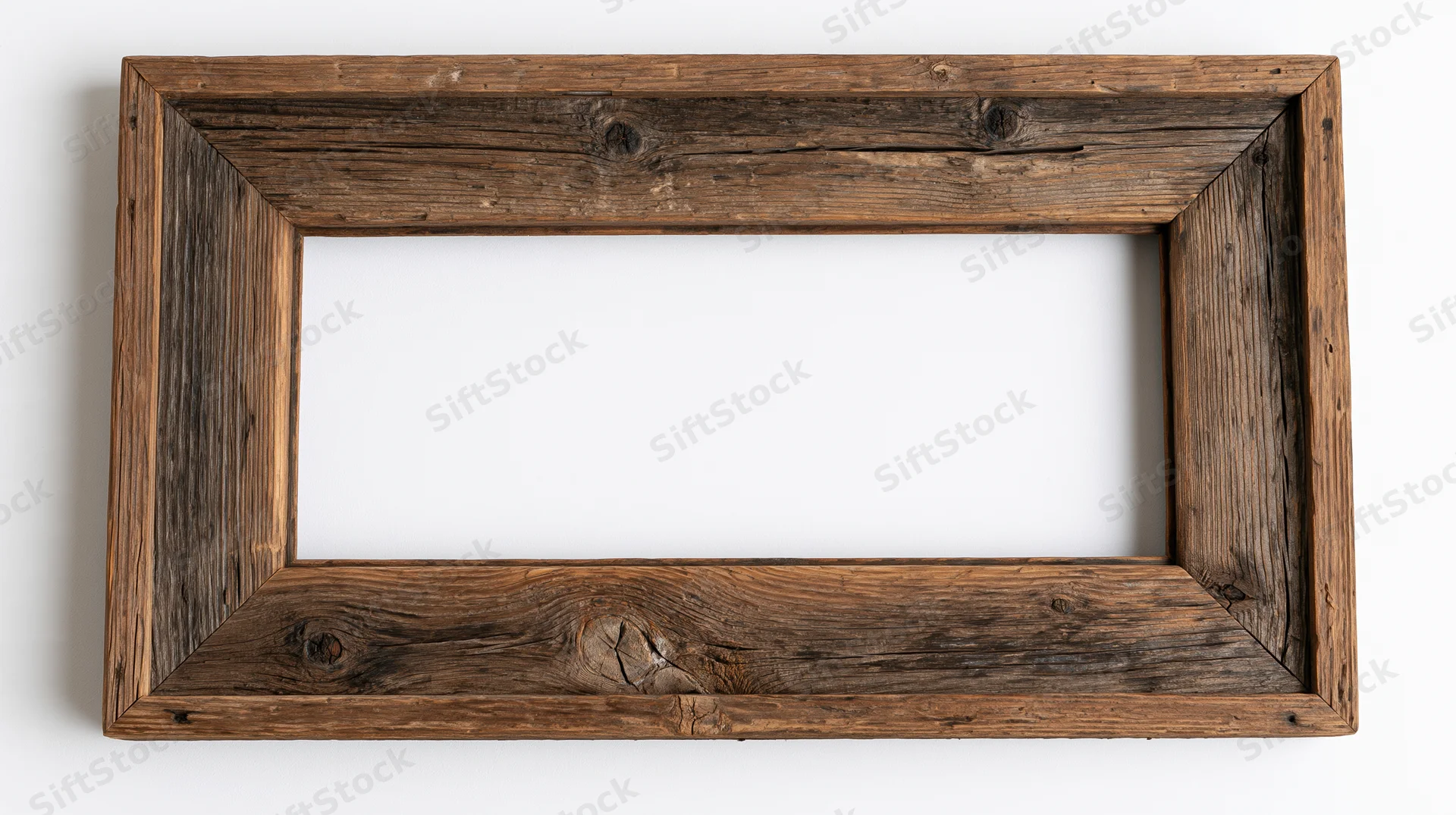 Rustic reclaimed wood picture frame with hollow center isolated on white background