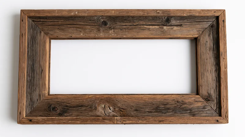 Rustic reclaimed wood picture frame with hollow center isolated on white background