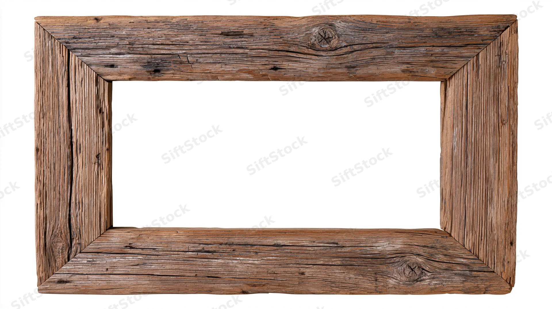 Rustic reclaimed wood picture frame with hollow center isolated on white background