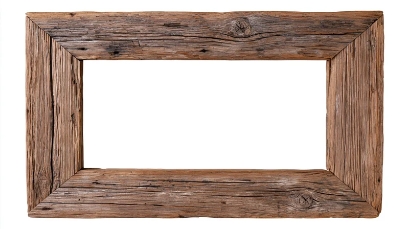 Rustic reclaimed wood picture frame with hollow center isolated on white background