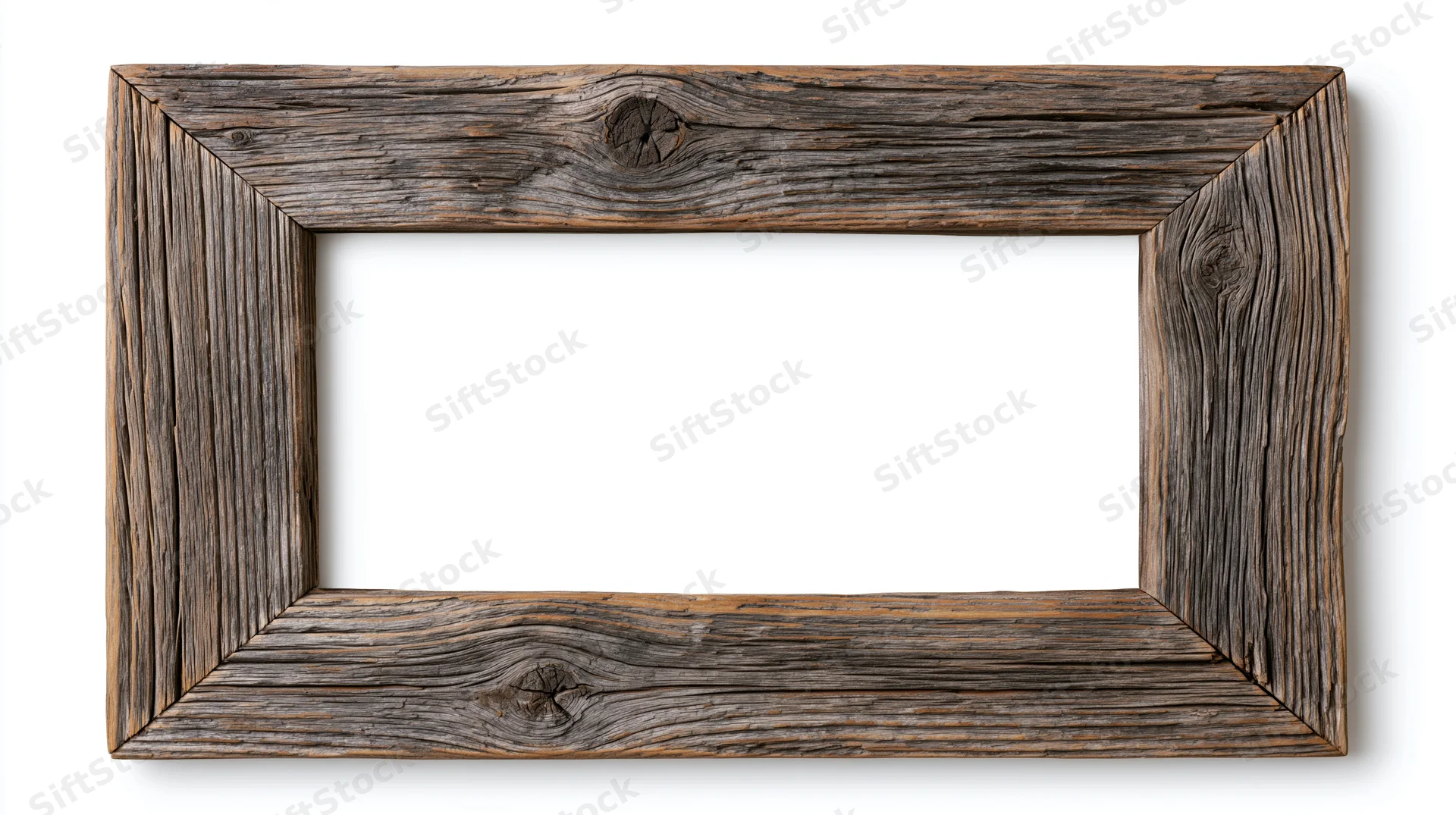 Rustic reclaimed wood picture frame with hollow center isolated on white background