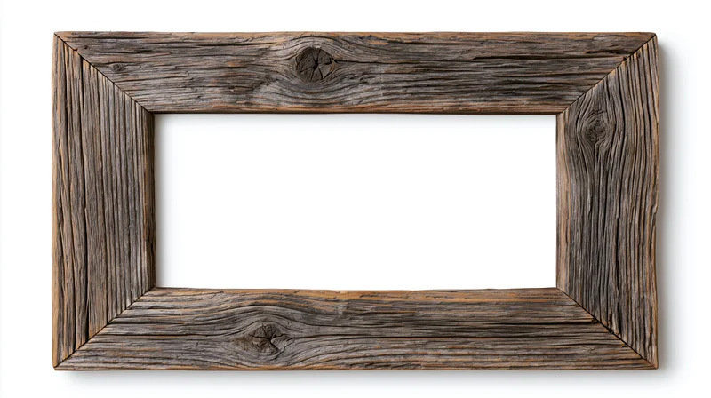 Rustic reclaimed wood picture frame with hollow center isolated on white background