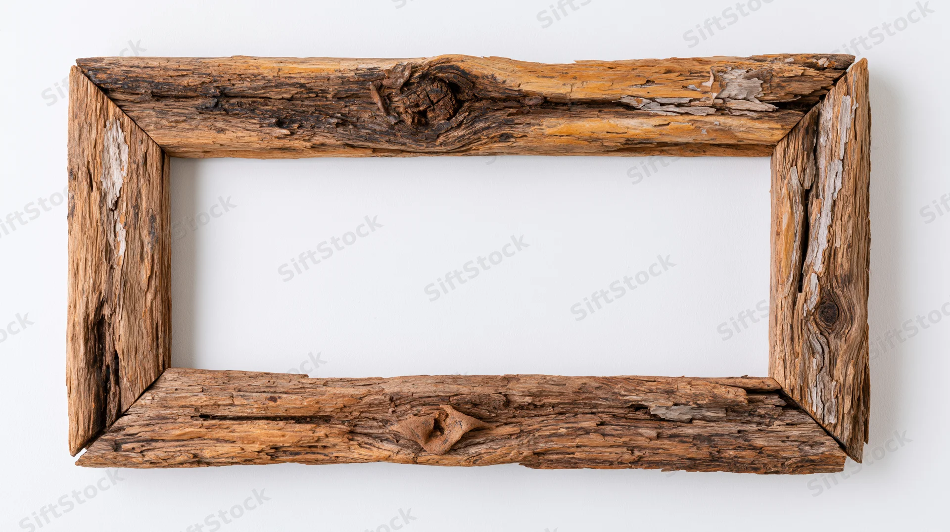 Rustic rectangular driftwood frame with weathered texture on white background