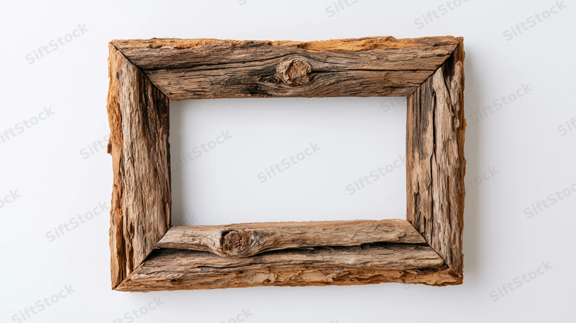 Rustic wooden frame made from weathered driftwood planks hanging on a white wall
