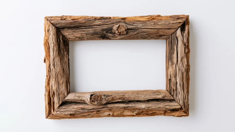 Rustic wooden frame made from weathered driftwood planks hanging on a white wall