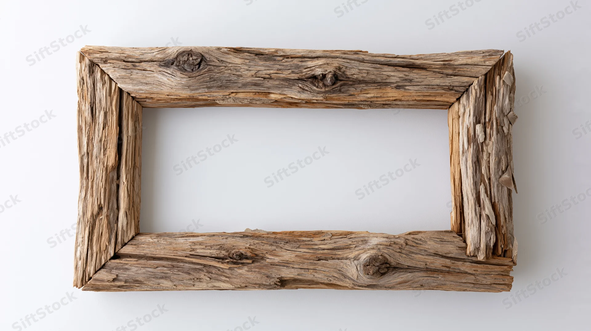 Rustic wooden frame made from weathered driftwood planks on white background