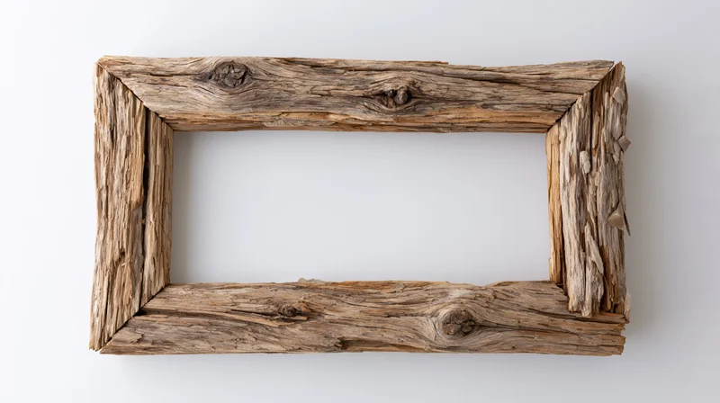 Rustic wooden frame made from weathered driftwood planks on white background