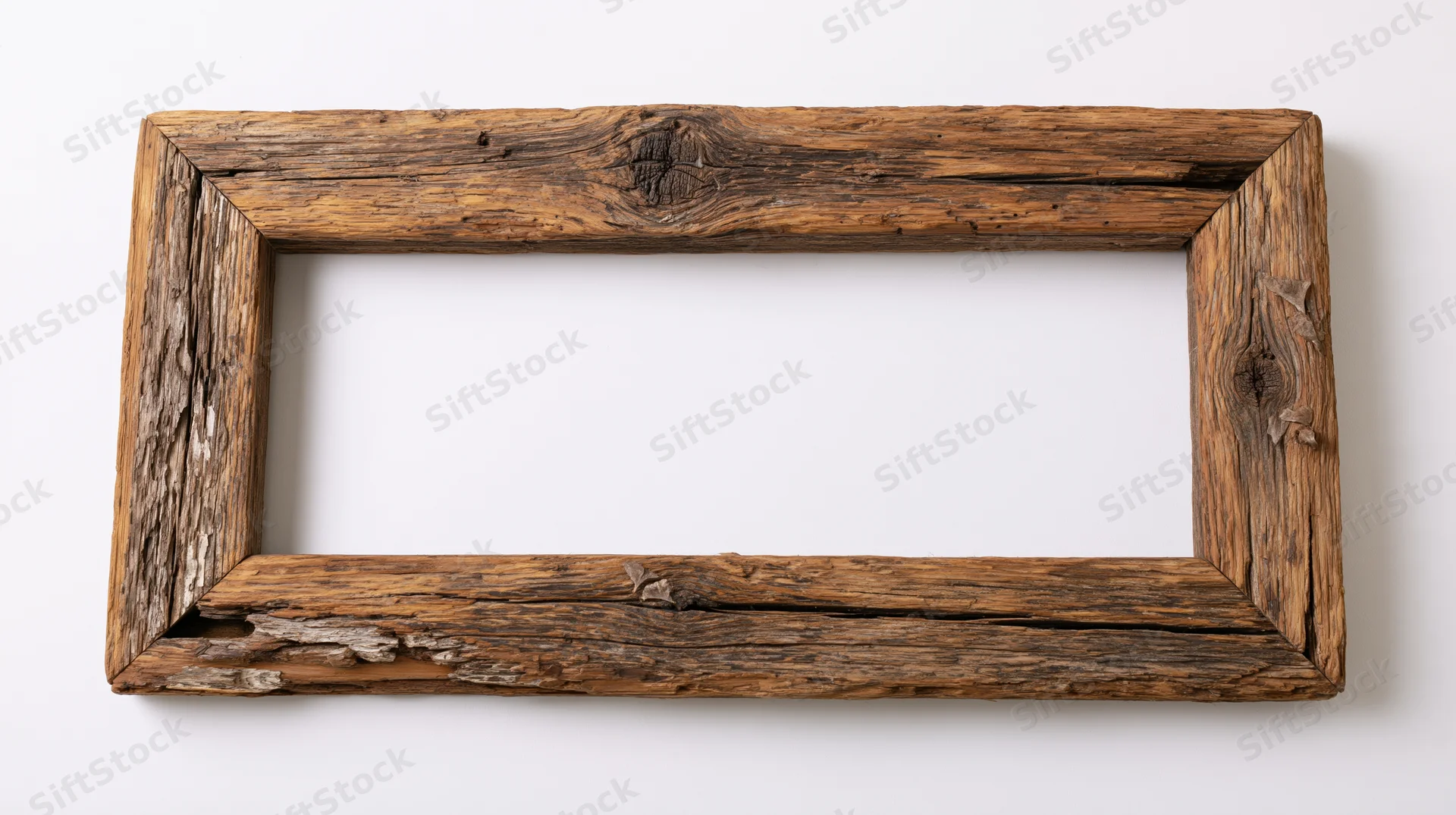Rustic wooden frame made from weathered driftwood planks on white background