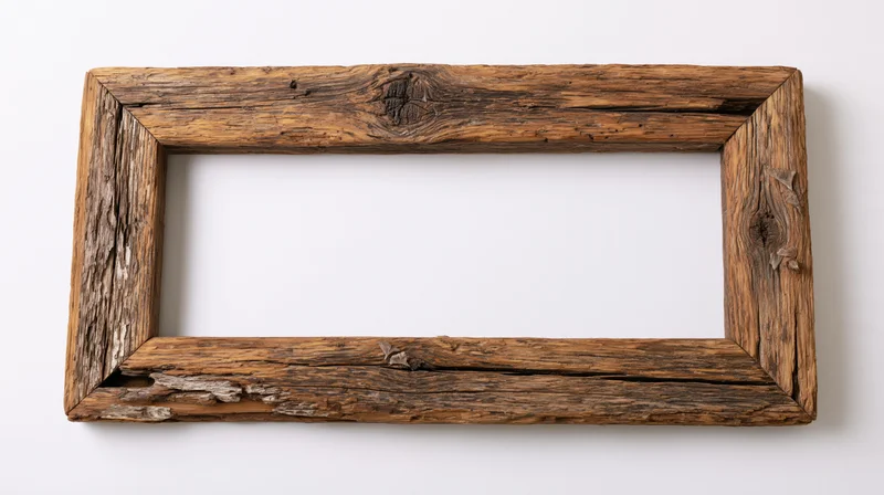 Rustic wooden frame made from weathered driftwood planks on white background