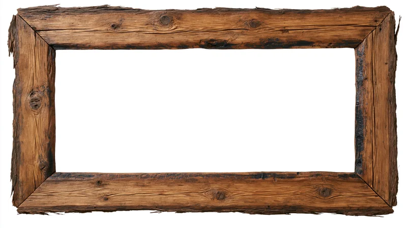 Rustic wooden frame made from rough-hewn timber isolated on white background