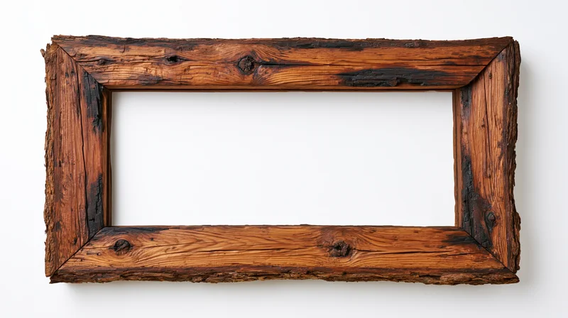Rustic wooden frame made from rough-hewn timber with charred edges and visible grain, isolated on white background