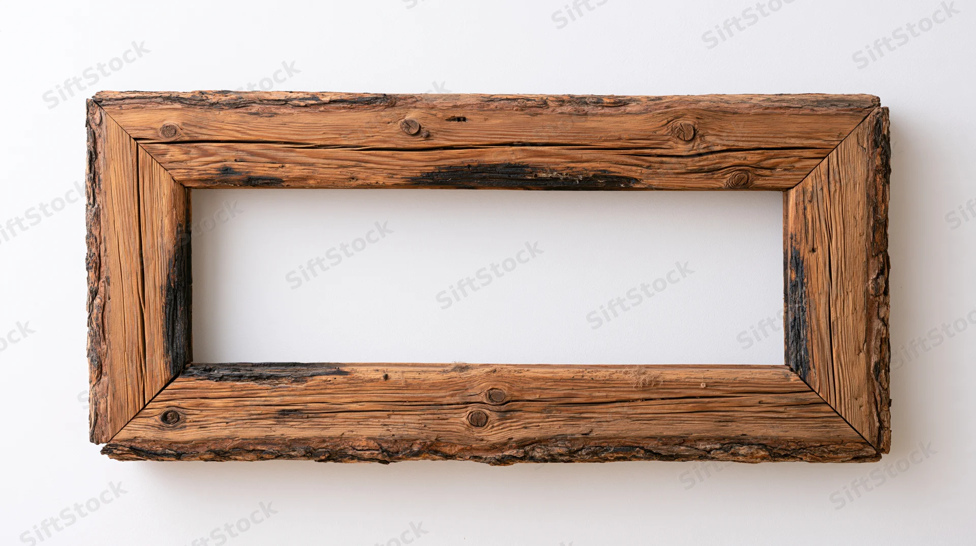 Rustic wooden frame made from rough-hewn timber hanging on a white wall