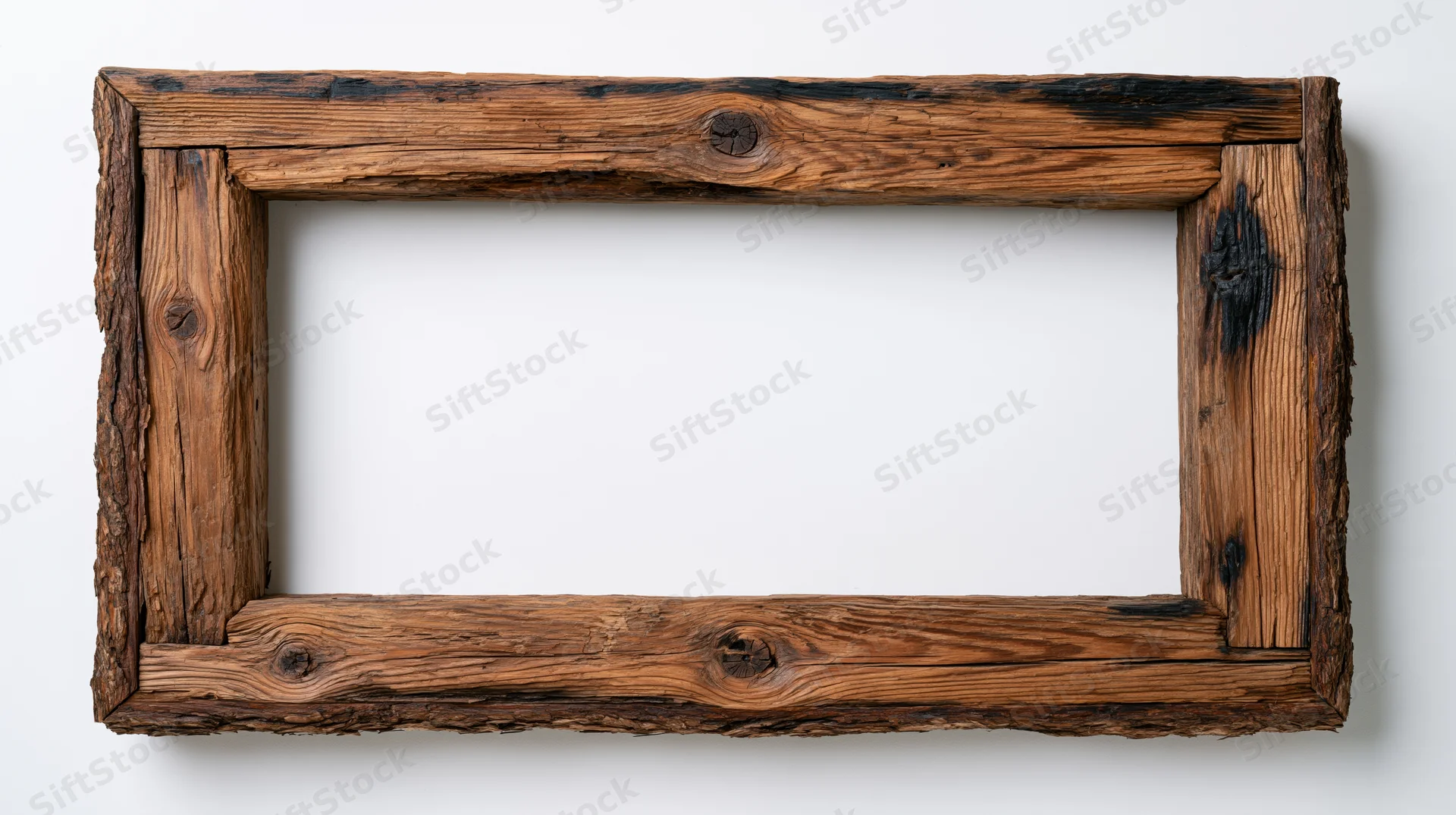 Rustic wooden frame made from rough-hewn timber with visible grain and knots, mounted on a white wall