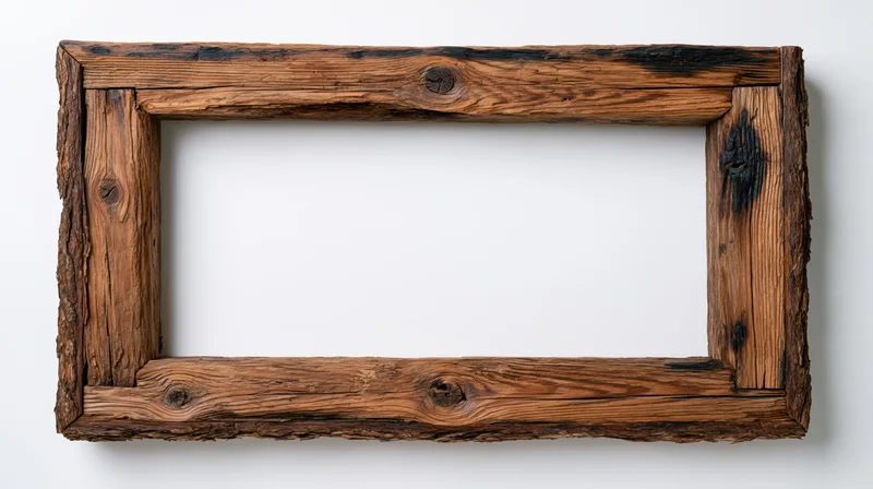 Rustic wooden frame made from rough-hewn timber with visible grain and knots, mounted on a white wall